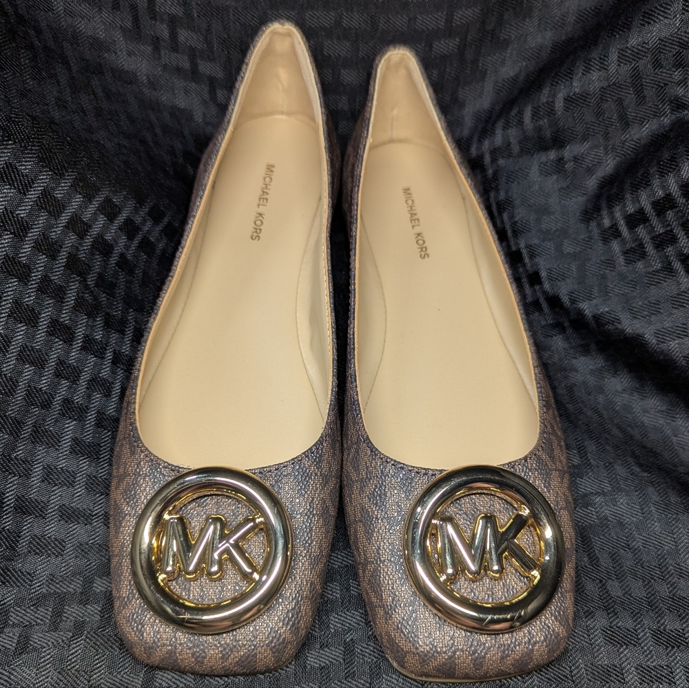 Brown And Tan Michael Kors Milan Flex MK Logo Ballet Flats.